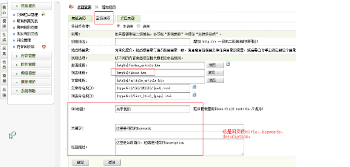 填写织梦栏目的高级选项